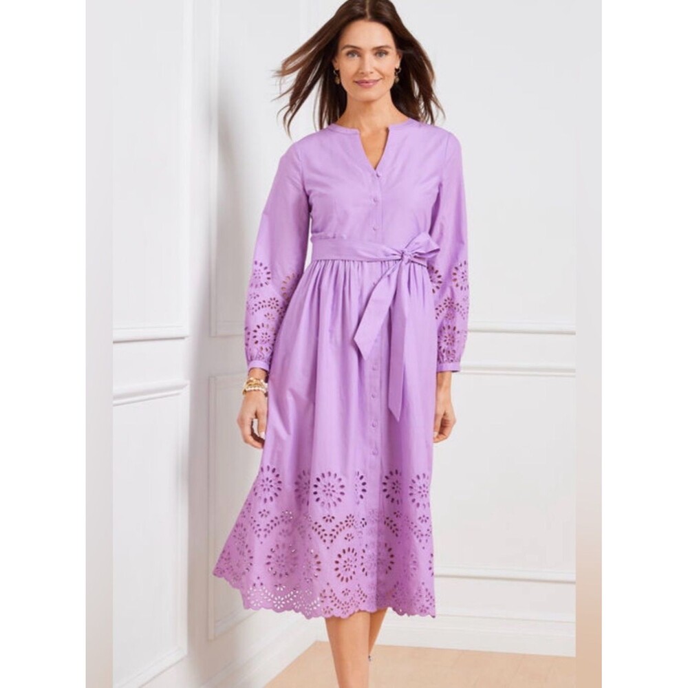 Talbots Lavender Eyelet Button-Front Midi Dress size 12